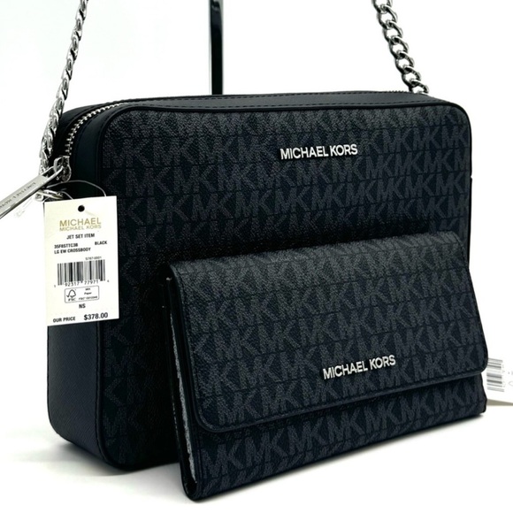 Michael Kors Large Jet Set Item EW Crossbody Bag & Large Trifold Wallet Black - Picture 1 of 11